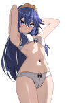 1girl absurd_res alluring arms_behind_head arms_up artist_name black_bow blue_eyes blue_hair blush bow bow_bra bow_panties bra commentary cowboy_shot crotch_seam english_commentary fire_emblem fire_emblem_awakening fire_emblem_warriors hair_between_eyes high_res intelligent_systems long_hair looking_at_viewer lucina lucina_(fire_emblem) navel nintendo panties parted_lips petite ringed_eyes simple_background small_breasts standing thighs tiara underwear very_long_hair white_background white_bra white_panties x_xith_x