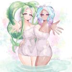 1girl 2_girls big_breasts breasts cleavage curly_hair female_only hug-chan_(norishiitsu) hug-chan_(octoling) looking_at_viewer nintendo norishiitsu original_character para_(voidedparadigm) splatoon splatoon_(series) splatoon_3 tentacle_hair towel water white_towel