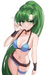 1girl absurd_res alluring alternate_costume artist_name belt bikini blue_bikini brown_belt brown_choker choker cleavage collarbone fire_emblem fire_emblem:_the_blazing_blade fire_emblem_warriors garter_belt green_eyes green_hair high_ponytail high_res intelligent_systems long_hair looking_at_viewer lyn_(fire_emblem) lyndis_(fire_emblem) medium_breasts navel nintendo ponytail simple_background smile standing swimsuit under_boob very_long_hair white_background x_xith_x