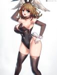 1girl 1girl absurd_res alluring arm_up bare_shoulders big_breasts big_breasts black_legwear black_leotard black_stockings black_thighhighs blue_eyes breakthrough_rr brown_hair bunny_costume bunny_ears bunnysuit cleavage detached_collar eunie_(xenoblade) female_only fishnet_armwear fishnet_clothing fishnets gloves head_wings high_res leotard long_hair looking_at_viewer monolith_soft nintendo simple_background stockings stockings thick_thighs thighs wide_hips wings wings_on_head xenoblade_(series) xenoblade_chronicles_3