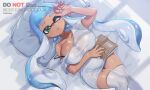 1girl 1girl 1girls big_breasts blue_hair breasts female_focus green_eyes in_bed inkling inkling_girl jinkoika nintendo one_eye_closed skylar_(splashv) solo_female solo_focus splatoon twitter_link waking_up white_clothing