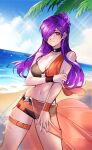 ) 1girl 1girl absurd_res adapted_costume alluring bare_arms bare_shoulders beach big_breasts bikini black_bikini black_choker blue_sky choker cleavage cloud collarbone commentary commission cowboy_shot day female_focus fire_emblem fire_emblem:_three_houses fire_emblem_warriors:_three_hopes hair_bun hair_over_one_eye high_res intelligent_systems long_hair looking_at_viewer matching_hair/eyes navel nintendo ocean outside pixiv_commission purple_eyes purple_hair sarong shez_(fire_emblem) shez_(fire_emblem)_(female) shez_(summer)_(fire_emblem) silvercandy_gum sky standing stomach swimsuit thigh_strap thighs twitter_username water wristband