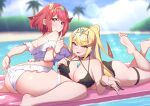 1girl 2_girls ] alluring alternate_costume big_breasts bikini blonde_hair high_res multiple_girls mythra_(xenoblade) osora_(judithandlilith) pyra_(xenoblade) red_eyes red_hair swimming_pool swimsuit xenoblade_(series) xenoblade_chronicles_2 yellow_eyes