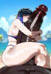  1boy1girl 1girl ai_generated beach bikini blue_hair curvy curvy_female curvy_figure dark-skinned_male genshin_impact giant_penis huge_penis hugging nude penis_awe size_difference swimsuit yelan_(genshin_impact) 