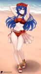 1girl 1girl alluring arms_behind_head beach bikini blue_eyes blue_hair cleavage closed_mouth commentary english_commentary fire_emblem fire_emblem:_the_binding_blade fire_emblem_heroes flower full_body gluteal_fold hair_flower hair_ornament hayato_stuff high_heel_sandals high_res intelligent_systems lilina_(fire_emblem) lilina_(summer)_(fire_emblem) long_hair looking_at_viewer medium_breasts navel nintendo official_alternate_costume red_bikini sandals sidelocks smile swimsuit