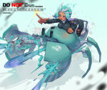 1girl 1girl :d ass big_breasts black_jacket black_pants blue_background blue_hair blue_tongue boots bow_hairband breasts colored_tongue commentary crab_tank_(splatoon) dark-skinned_female dark_skin drill_hair eyebrow_cut fang firing full_body gradient_hair hairband high_res hood hood_down hooded_jacket jacket jinkoika long_sleeves medium_hair multicolored_hair nintendo octoling octoling_girl octoling_player_character open_mouth pants para_(voidedparadigm) parted_bangs pointing purple_eyes purple_hair shirt smile splatoon_(series) splatoon_3 symbol-only_commentary tentacle_hair torn_clothes torn_pants twin_drills v-shaped_eyebrows white_hairband white_shirt yellow_boots