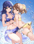 2_girls alluring ass bare_shoulders bikini blue_bikini blue_eyes blue_hair blue_sarong blush bracelet brown_eyes brown_hair closed_mouth collarbone commentary commission delthea_(fire_emblem) fire_emblem fire_emblem:_the_binding_blade fire_emblem_echoes:_shadows_of_valentia hand_on_another's_waist haru_(nakajou-28) high_res holding_hands intelligent_systems jewelry lilina_(fire_emblem) long_hair looking_at_viewer medium_breasts multiple_girls nintendo open_mouth sarong see-through_clothes see-through_sarong small_breasts smile swimsuit teeth thighlet thighs upper_teeth_only water yellow_bikini