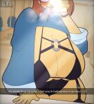 1girl 1girl 2d 2d_(artwork) bathroom big_breasts black_lingerie breasts caption glasses kindergarten_(game) kindergarten_3 letherisreal lingerie mirror ms._lovelett orange_hair phone photo reflection selfie_pose selfpic shirt shirt_lift shirt_pull shirt_up thick thick_ass thick_thighs thighs yellow_skin
