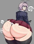 ass_bigger_than_head ass_bigger_than_skirt back_view bubble_butt dialogue english_text fapping fat_ass grapejuicerulez huge_ass hyper_ass komi-san_wa_komyushou_desu light_skin massive_ass osana_najimi purple_hair round_ass shiny_ass shiny_skin short_hair skirt smile solid_color_background stockings thick_ass thick_thighs visible_underwear white_panties