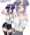 1girl big_breasts black_thighhighs bra bra_peek bra_strap breasts button_gap highleg highleg_panties kim_(norishiitsu) nintendo norishiitsu police_uniform policewoman short_hair shorts splatoon splatoon_(series) stockings
