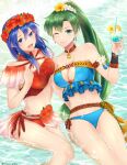 2_girls alluring alternate_costume asymmetrical_bangs bare_shoulders beach big_breasts bikini blue_bikini blue_eyes blue_hair cleavage cleavage_cutout clenched_hand clothing_cutout cup drink drinking_glass drinking_straw earrings eyebrows_hidden_by_hair eyes_visible_through_hair female_focus fire_emblem fire_emblem:_the_binding_blade fire_emblem:_the_blazing_blade fire_emblem_heroes fire_emblem_warriors flower from_above green_eyes green_hair hair_between_eyes hair_flower hair_ornament hand_up head_wreath high_ponytail holding holding_cup holding_drink intelligent_systems jewelry lilina_(fire_emblem) lilina_(summer)_(fire_emblem) long_hair looking_at_viewer looking_up lyn lyn_(fire_emblem) lyn_(lady_of_the_beach)_(fire_emblem) lyndis lyndis_(fire_emblem) matching_hair/eyes medium_breasts midriff mother_&_daughter multiple_girls navel neck necklace nintendo official_alternate_costume one_eye_closed ponytail red_bikini red_flower rope_belt sitting smile strapless strapless_bikini swimsuit taiga_kazame twitter_username very_long_hair water wet wet_hair white_flower wink yellow_flower