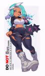 1girl big_breasts black_leggings black_shrug blue_hair boots bow breasts cleavage closed_mouth commentary dark-skinned_female dark_skin drink drink_bag drinking drinking_straw drinking_straw_in_mouth eyebrow_cut full_body gradient_hair hair_bow high_res holding holding_drink jinkoika leggings long_sleeves looking_at_viewer medium_hair midriff multicolored_hair narrow_waist navel nintendo octoling octoling_girl octoling_player_character one_eye_closed para_(voidedparadigm) parted_bangs purple_eyes purple_hair shirt shrug_(clothing) smile splatoon_(series) symbol-only_commentary tentacle_hair thick_thighs thighs tied_shirt torn_clothes torn_leggings white_boots white_bow white_shirt wide_hips
