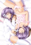  2girls clannad closed_eyes fujibayashi_kyou fujibayashi_ryou hair_ribbon hair_ribbons hentai igul multiple_girls panties ribbon ribbon_trim ribbons siblings sisters sleeping thigh-highs thighhighs twins underwear 