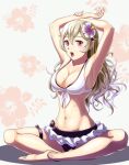 1girl 1girl alluring anklet armpits arms_up barefoot bikini bikini_bottom bikini_top black_bikini blonde_hair blush breasts cleavage collarbone corrin_(fire_emblem) corrin_(fire_emblem)_(female) curly_hair fire_emblem fire_emblem_fates floral_background flower frilled_bikini frilled_bikini_bottom frills front-tie_bikini front-tie_top groin hair_between_eyes hibiscus jewelry long_hair medium_breasts navel nintendo open_mouth pointy_ears purple_hair red_eyes sukkirito_(rangusan) swimsuit very_long_hair voluptuous white_bikini