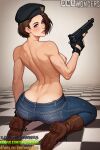 1girl 1girl 1girls ai ai_art ai_generated artist_name ass back beret black_gloves blue_eyes blue_pants boots breasts brown_footwear brown_hair butt_crack capcom checkered_floor denim dfans dmf_wonders fanvue_username finger_on_trigger fingerless_gloves forehead from_behind full_body gloves gun handgun hat holding holding_gun holding_weapon jeans jill_valentine lips looking_at_viewer looking_back medium_breasts nipples nose pants parted_lips pistol resident_evil resident_evil_3 shiny_skin short_hair sitting topless trigger_discipline twitter_username wariza watermark weapon x_username