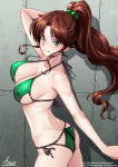 1girl adsouto adult_swim alluring arm_up ass athletic_female big_breasts bikini bishoujo_senshi_sailor_moon bishoujo_senshi_sailor_moon_r bishoujo_senshi_sailor_moon_r_the_movie bishoujo_senshi_sailor_moon_s bishoujo_senshi_sailor_moon_s_the_movie bishoujo_senshi_sailor_moon_supers bishoujo_senshi_sailor_moon_supers_the_movie brown_hair cleavage collarbone fit_female green_bikini green_eyes hair_bobbles hair_ornament high_res long_hair makoto_kino median_furrow pin_up ponytail sailor_jupiter side-tie_bikini_bottom sideboob smile swimsuit toei_animation toonami