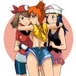 3_girls :d :o ;) arm_around_neck arms ass back bandana bangs bare_arms bare_legs bare_shoulders beanie bike_shorts black_dress blue_eyes blue_hair blush breast_grab breasts brown_eyes brown_hair camisole clenched_teeth clothed dawn denim denim_shorts dress friends gloves grin group_hug gym_leader hair_ornament harem haruka_(pokemon) hikari_(pokemon) hips hugging kakkii kasumi_(pokemon) legs long_hair looking_at_another looking_at_viewer looking_back love may medium_breasts misty multiple_girls mutual_yuri naughty_face nintendo one_eye_closed open_mouth orange_hair pink_skirt pokemon pokemon_(anime) pokemon_(game) pokemon_dppt pokemon_frlg pokemon_rgby pokemon_rse pulling red_bandana red_bandanna red_shirt shirt short_hair short_shorts short_sleeves shorts shoulders side_ponytail skirt sleeveless small_breasts smile standing suspenders teeth threesome undressing wink yuri