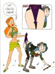 ass black_eyes black_hair breasts butt_crack cartoon_network cleavage curly_hair dyed_hair embarrassing erect_nipples goth green_eyes green_hair green_lipstick gwen_(tdi) hourglass_figure izzy_(tdi) maguppy_puppy multicolored_hair navel orange_hair pale-skinned_female panties panty_pull prank printed_panties purple_panties skirt_lift skull skull_print stockings surprise thick_ass thick_legs thick_thighs total_drama_island two_tone_hair underwear wasp_waist wedgie