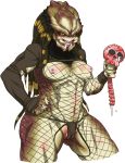  1girl alien breasts cameltoe claws dreadlocks fangs fishnets hairlocs inverted_nipples mandible mandibles monster_girl nezumi nezunezu nipples panties predator predator_(film) predator_(movie) skull smile solo tear tears the_predator thong underwear 