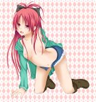 1girl belly boots bow breasts hair hair_bow kurenai_iroha kyouko_sakura long_hair mahou_shoujo_madoka_magica midriff navel no_bra open_clothes open_shirt red_eyes red_hair sakura_kyouko shirt shorts unzipped