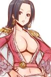 1girl amazon amazon_lily big_breasts black_eyes black_hair blush boa_hancock breasts cape center_opening cleavage earrings epaulettes face ha-ru hands_on_hips jewelry large_breasts midriff navel one_piece simple_background solo white_background