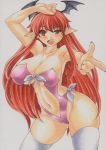  1girl arm_up bad_id bat_wings big_breasts breasts cleavage collarbone colored_pencil_(medium) curvy female head_wings highleg highleg_swimsuit huge_breasts koakuma large_breasts long_hair long_sleeves marker_(medium) midriff millipen_(medium) navel pencil_crayon_(medium) pointy_ears purple_swimsuit red_eyes red_hair simple_background stockings swimsuit thighhighs touhou traditional_media uneven_eyes very_long_hair white_background white_legwear wings yutakasan-love 