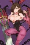 1girl 1girl alternate_costume big_breasts breasts brown_hair cosplay demon_wings impossible_clothes kono_subarashii_sekai_ni_shukufuku_wo! leotard long_hair morrigan_aensland sword vampire_(game) weapon wings wiz_(konosuba)