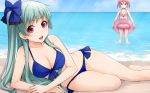  2girls :d aqua_eyes aqua_hair bangs beach bikini bikini_skirt blue_bikini blush breasts cleavage cloud crossed_arms earrings face flat_chest frilled_bikini frills front-tie_top green_hair ha-ru hair hair_ribbon heart heart_earrings holding innertube jewelry large_breasts light_rays long_hair lowleg lowleg_bikini lying multiple_girls ocean on_ground on_side one_side_up open_mouth original outdoors pink_bikini pink_hair polka_dot polka_dot_bikini polka_dot_swimsuit purple_eyes ribbon short_eyebrows short_hair short_twintails side-tie_bikini sideboob sky smile standing sunbeam sunlight swimsuit transparent twintails very_long_hair wading water wide_hips 