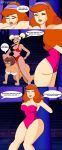 3_girls 3girls all_fours ass batman:_the_animated_series batman_(series) blonde_hair bondage breasts brown_hair carrying circus comic crossover daphne_blake dc dc_comics dialogue female female_only glasses hand_on_head harley_quinn looking_at_another orange_hair pyramid_(artist) redhead scooby-doo sex sitting_on_person slave velma_dinkley yuri