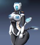  1girl animate_inanimate anthrofied artist_signature big_breasts blue_areola blue_eyes breasts gradient_background hb-viper hoverbike humanoid living_machine pussy robot simple_background snowfox_(subnautica) subnautica subnautica_below_zero thick_thighs voluptuous 