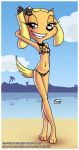 beach bikini blonde_hair blue_eyes bow brandy_and_mr._whiskers brandy_harrington breasts cleavage collar disney dog dog_collar furry innocenttazlet ocean polka_dot_bikini shiny shiny_skin short_hair small_breasts smile solo