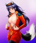  1girl animal_ears animal_tail bodysuit borurun breasts brown_eyes hairband long_hair nipples original purple_hair solo tail unzipped 