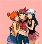 3girls :d :o alternate_eye_color arms bandana bare_arms bare_shoulders beanie bike_shorts black_dress blue_eyes blue_hair blush breast_grab breasts brown_eyes brown_hair camisole clenched_teeth dawn denim denim_shorts dress embarrassed eye_contact eyebrows friends gloves grin gym_leader hair_ornament half_updo harem haruka_(pokemon) hat kakkii kasumi_(pokemon) long_hair looking_at_another love midriff moaning multiple_girls mutual_yuri naughty_face navel neck nintendo open_mouth orange_hair pink_background pink_skirt pokemon pokemon_(anime) pokemon_(game) pokemon_dppt pokemon_frlg pokemon_rgby pokemon_rse pulling red_bandana red_bandanna red_shirt shirt short_hair shorts shy side_ponytail simple_background skirt sleeveless smile standing suspenders teeth threesome yuri