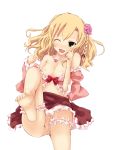  1girl anus barefoot blonde_hair blush braid breasts dress feet flower frills garters green_eyes hair_ornament idolmaster idolmaster_cinderella_girls lying nipples no_panties one_eye_closed pussy rikudou_inuhiko rose sakurai_momoka side_braid smile sole soles solo toes uncensored wink 