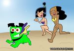  2012 angry beach bikini bikini_bottom black_hair blush bottomless closed_eyes collar cover_up covering_crotch cujo cujo_(danny_phantom) danny_phantom dark_skin dog dog_collar embarrassing funny ghost hairband lipstick long_hair ponytail purple_lipstick red_eyes samantha_manson sun toongrowner valerie_gray 