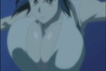 1girl animated animated_gif blue_hair blush breast_expansion breasts brown_eyes cleavage erect_nipples gif huge_breasts katana konchiki long_hair lowres manyuu_chifusa manyuu_hikenchou sword weapon