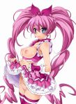 1girl blue_eyes bow breasts breasts_outside cure_melody earring earrings hairless_pussy hibiki_houjou houjou_hibiki jewelry katsuma_rei katsuma_rei_(artist) long_hair magical_girl nipples no_bra no_panties pink_bow pink_hair precure pussy simple_background skirt skirt_lift solo stockings suite_precure thighhighs twin_tails twintails uncensored white_background