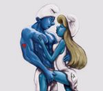 1boy1girl blonde_hair blue_skin dress female hair heart hefty_smurf hetero liquidchaosx male male/female smurfette the_smurfs