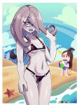 2_girls akko_kagari beach bikini breasts brown_hair grey_skin little_witch_academia long_hair looking_at_viewer ocean purple_hair small_breasts sucy_manbavaran swimsuit water