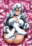 1girl black_cat black_cat_(marvel) blue_eyes bodysuit boots felicia_hardy female female_human female_only fingering fingering_pussy fingering_self human long_hair long_white_hair looking_at_viewer marvel marvel_comics mask masturbation mostly_nude palcomix palcomix*vip pose spider-man_(series) torn_bodysuit white_hair