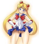 1girl bishoujo_senshi_sailor_moon blonde blonde_hair blue_eyes blue_skirt clothed elbow_gloves female female_only gloves hairless_pussy looking_at_viewer no_panties no_panties_under_skirt pussy sailor_moon serafuku skirt solo standing tiara tsukino_usagi twin_tails upskirt usagi_tsukino utilizator