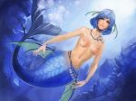  1280x960 1girl 4:3_aspect_ratio aqua_eyes bad_id bad_pixiv_id belt black_nails blue_(artist) blue_background blue_eyes blue_hair blue_theme bracelet breasts completely_nude female fins head_fins itou_youichi jewelry light_smile lips looking_up medium_breasts mermaid monster_girl nail_polish navel nipples nude original pendant scales short_hair smile solo swimming topless underwater water wide_hips youichi youichi_(artist) 