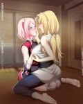 2_girls blonde_hair brown_eyes green_eyes hand_on_cheek lesbian looking_at_another milf naruto_shippuden oicram_art pink_hair sakura_haruno sexy sexy_ass sexy_body sexy_breasts tsunade yuri