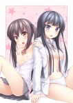 2girls akiyama_mio arm_hug azusa_nakano bad_id bangs black_hair blunt_bangs breasts brown_hair cameltoe dress_shirt flat_chest hair hime_cut k-on! long_hair mio_akiyama multiple_girls nakano_azusa navel nipples no_panties no_pants nullken open_clothes open_shirt panties purple_eyes school_uniform shirt skirt small_breasts twin_tails twintails underwear upskirt white_border yellow_eyes