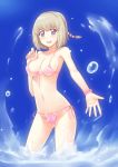 1girl :d ar_tonelico ar_tonelico_iii belly bikini blonde_hair blush braid breasts front-tie_top gust hair highres kamoto_tatsuya midriff navel open_mouth outstretched_hand purple_eyes saki_(ar_tonelico) short_hair side-tie_bikini smile solo splash splashing strap_gap strap_lift swimsuit twin_braids underboob violet_eyes wading water