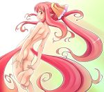 ass barefoot blush feet female flat_chest from_behind garnet_(shukufuku_no_campanella) gradient gradient_background long_hair looking_back multiple_tails nana_ashi nipples nude pink_hair pointy_ears ponytail red_eyes red_hair ribbon shukufuku_no_campanella small_breasts solo tail very_long_hair