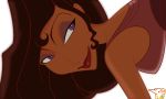 bedroom_eyes breasts brown_hair disney fully_clothed gomi-sama hercules high_res light-skinned_female_depicted_dark lips lipstick looking_at_viewer megara ponytail purple_dress purple_eyes sideways_glance smile white_background