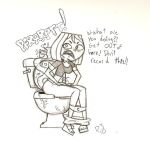 2010 angry bottomless courtney_(tdi) dustindemon embarrassing freckles lipstick panties panties_around_legs pants_down printed_panties short_hair sitting sitting_down text toilet total_drama_island underwear