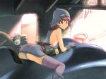  1girl 4:3_aspect_ratio aircraft airplane ass aviator_cap bare_shoulders bent_over blue_panties blue_underwear breasts brown_eyes brown_hair clothing cockpit earrings female flight_cap fringe fringe_trim from_behind gloves goggles gunship_(kaze_no_tani_no_nausicaa) high_resolution jewelry kikumaru_bunta knife looking_at_viewer looking_back medium_breasts nausicaa nausicaa_of_the_valley_of_the_wind non-web_source panchira pantsu sideboob solo spread_legs straddling sunlight thighhighs underwear upskirt 