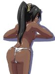 1girl ass black_hair bleach blush breasts dark_skin fundoshi long_hair lying ponytail shihouin_yoruichi solo topless yoruichi_shihouin